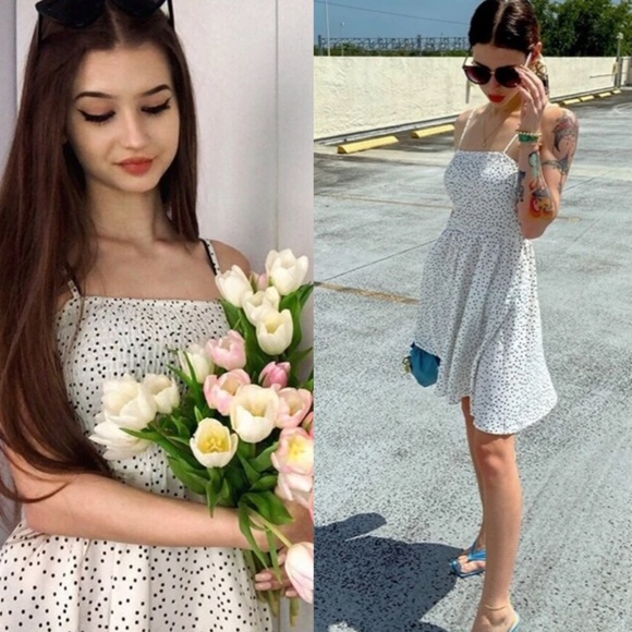 Polka Dot White Mini Dress Flared Shirred Bodice - Picture 10 of 11